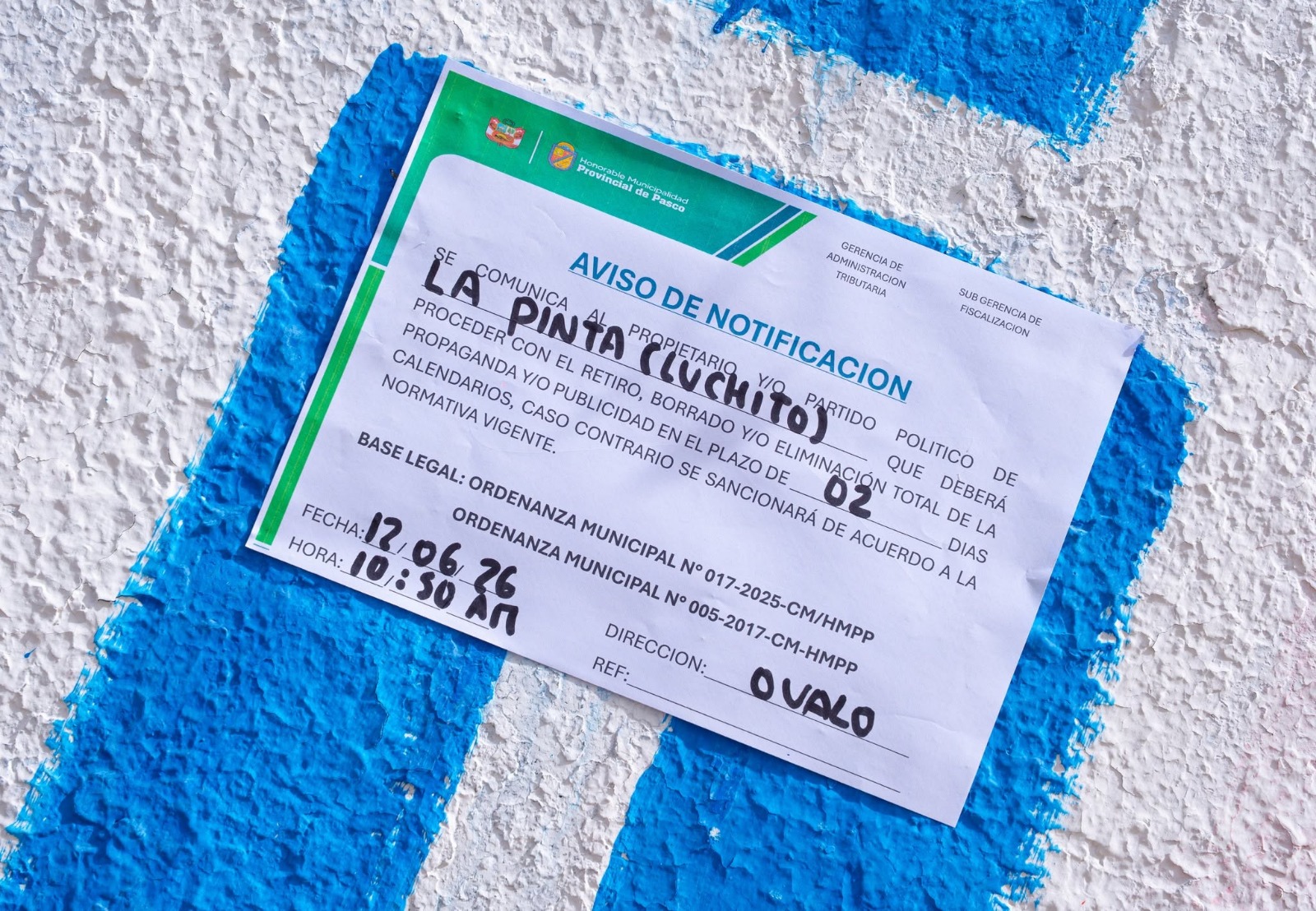 COMUNA DE PASCO NOTIFICA A PARTIDOS POLÍTICOS POR PINTAS NO AUTORIZADAS