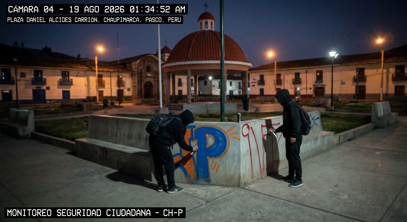 CÁMARAS DE SEGURIDAD CAPTAN A JÓVENES REALIZANDO PINTAS EN LA PLAZA DANIEL ALCIDES CARRIÓN