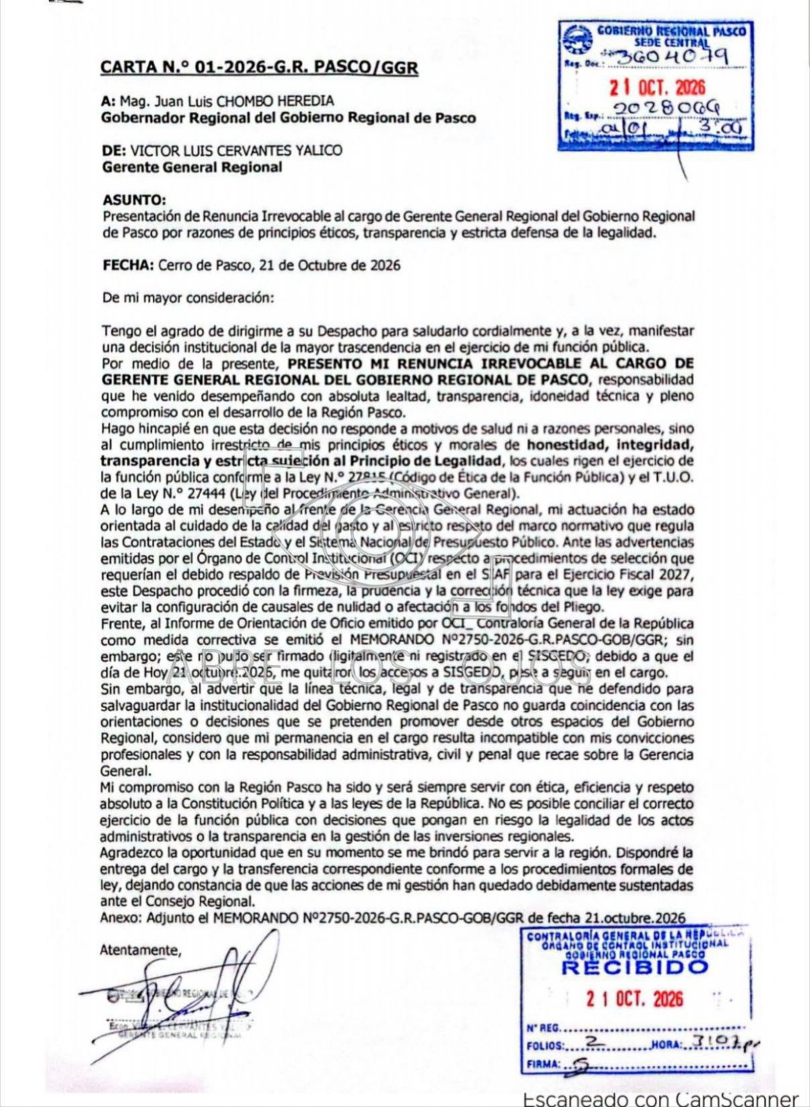 GERENTE GENERAL RENUNCIA TRAS DENUNCIAR QUE LE QUITARON ACCESOS AL SISGEDO PARA IMPEDIR NULIDAD DE 23 LICITACIONES IRREGULARES AL INTERIOR DEL GOBIERNO REGIONAL DE PASCO